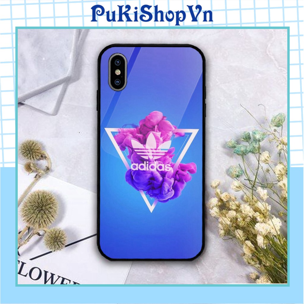 ỐP LƯNG TRÁNG GƯƠNG KÍNH CƯỜNG LỰC IPHONE, SAMSUNG NHIỀU ADIDAS NỀN KHÓI TÍM - PUKISHOPVN