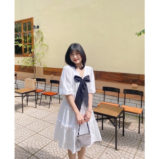 [KÈM VIDEO-ẢNH THẬT] Đầm công chúa xinh xắn 2 lớp tay phồng dáng xoè màu trắng đính nơ, Váy babydoll nữ -ShynCloset | BigBuy360 - bigbuy360.vn