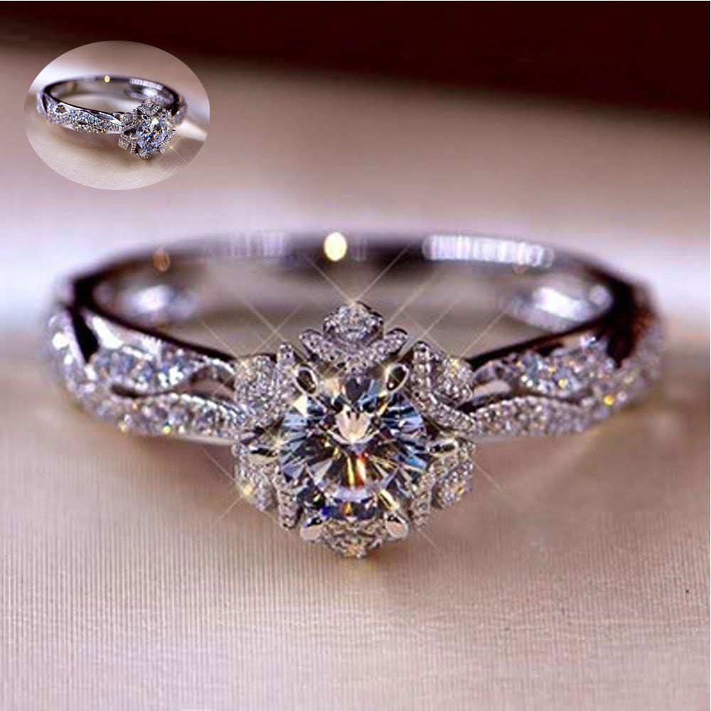 Nhẫn đính đá kim cương nhân tạo hình bông tuyết nhiều màu sang trọng thời trang