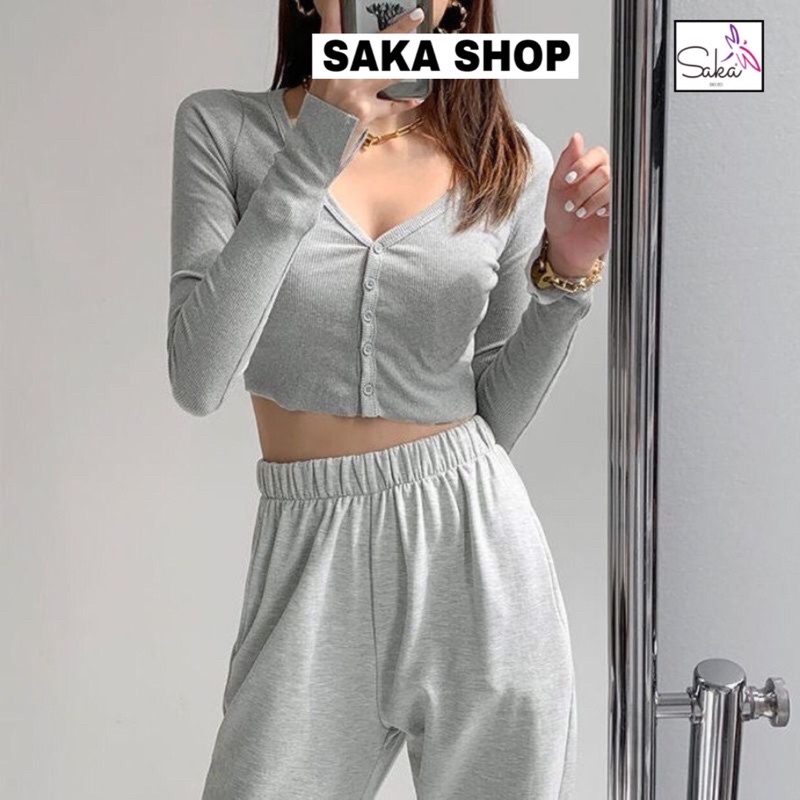 Áo croptop nữ tay dài cổ v có nút nhiều màu