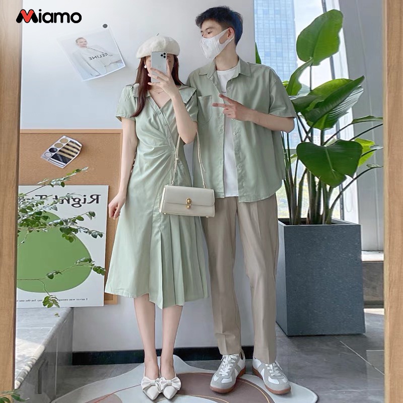 Set đồ đôi áo sơ mi nam - đầm nữ xếp ly màu xanh bơ thời trang Miamo MO071 (kèm ảnh thật)