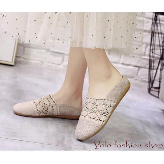 GL8 Giày lười slip on nữ phối ren vintage thời trang kèm hình thật