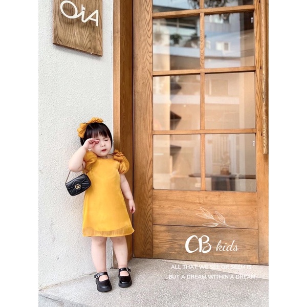 Váy tơ 2 lớp nơ vai + turban cho bé gái