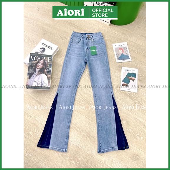 Quần Jean Ống Loe AIORI Lưng Cao 2 Nút Lai Màu Kiểu Vải Co Giãn Tốt_Mã_L008