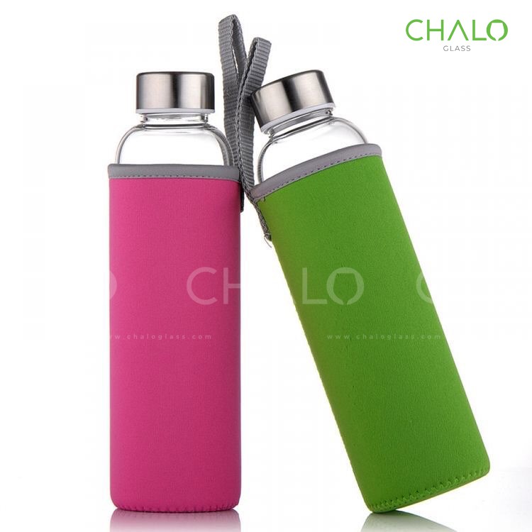 Chai thủy tinh chịu nhiệt nắp inox 550ml - Bọc xốp cách nhiệt các màu - CTB550