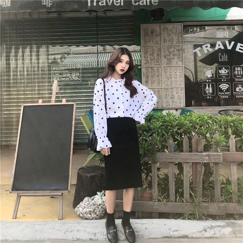 New Fashion Women Long-sleeved Shirt Korean Loose Polka Dot Lantern Sleeve Bottoming Shirt