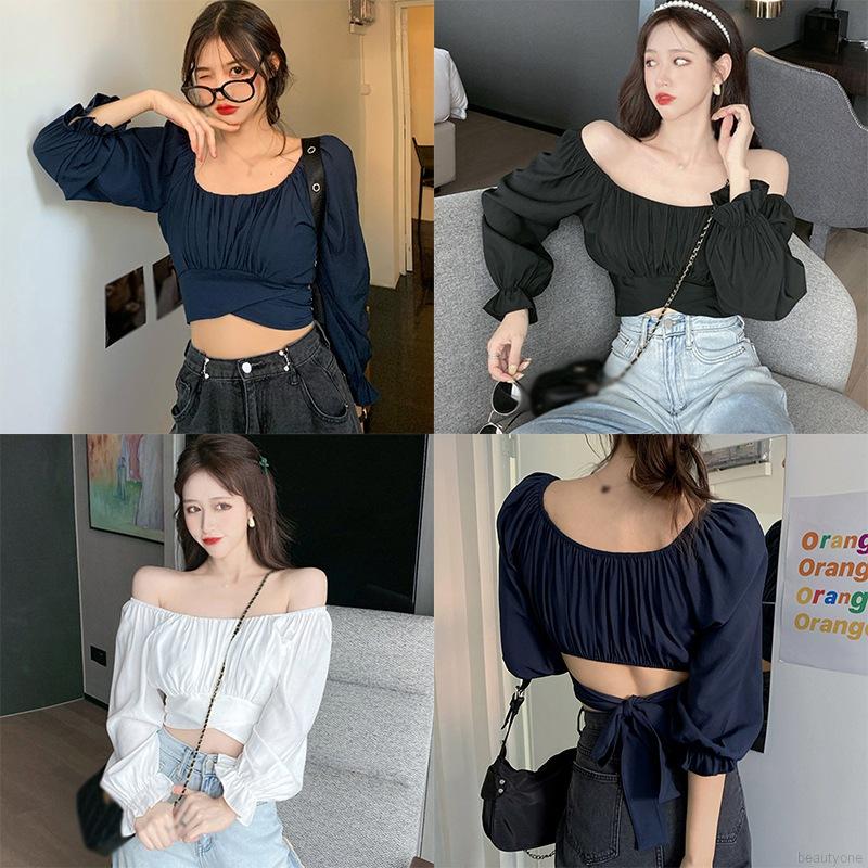 Áo Croptop Tay Dài Cổ Vuông Thiết Kế Hở Lưng Quyến Rũ