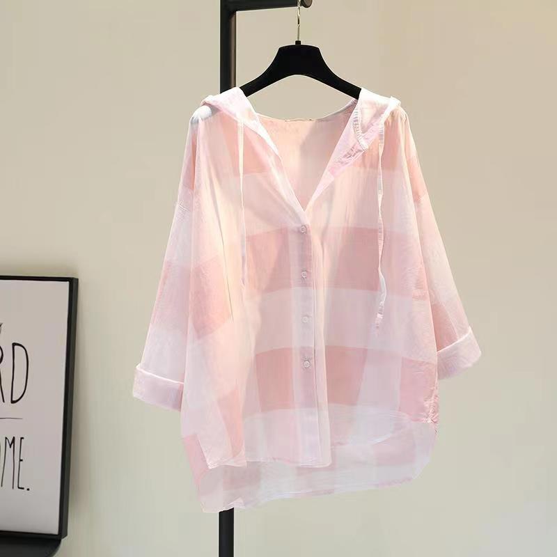 Áo Sơ Mi Cotton Lanh Mỏng Dáng Rộng Có Mũ Trùm Đầu Màu Hồng Sọc Ca Rô Thời Trang Mùa Xuân Hàn Quốc Hàng Mới Dành Cho Bạn Nữ 2022