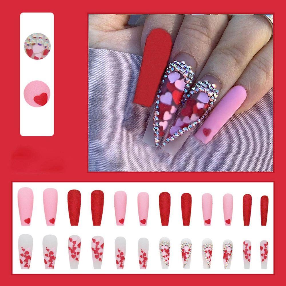 OKDEALS 24pcs/Box Press On Nails Red Heart Coffin False Nails Detachable Nail Tips Wearable Artificial Manicure Tool French Ballerina Full Cover Fake Nails
