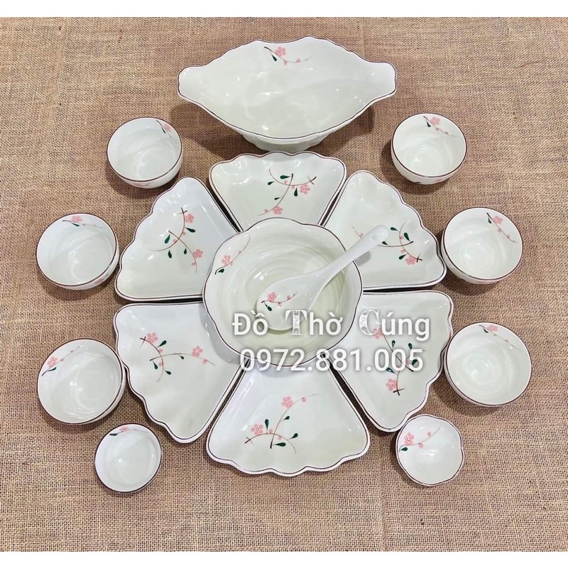 Bộ bát đĩa bày cơm cúng , gà cúng ( Men Kem 16 món )Gốm sứ bát tràng