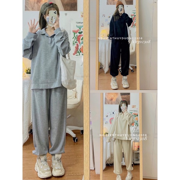 SET NỈ POLO QUẦN JOGGER BO GẤU/Set nỉ tổ ong siêu xinh form oversize