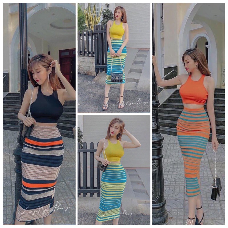 Set Áo crt Kèm chân váy bút chì sọc