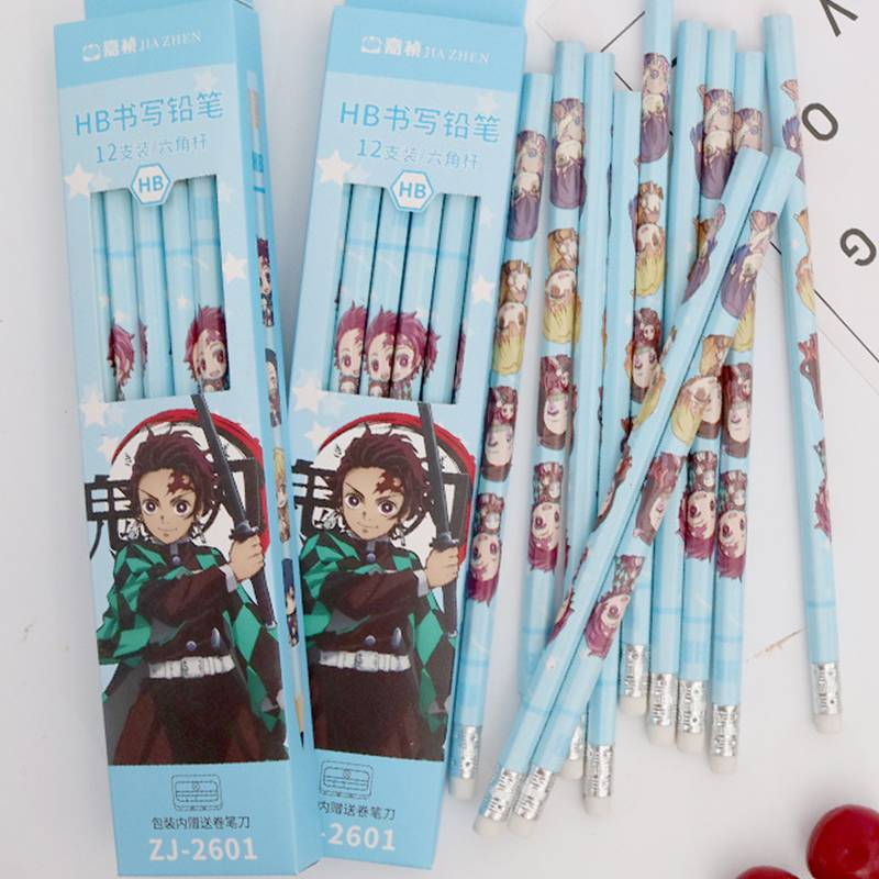 Bút chì gỗ 12 Pcs Anime Demon Slayer Kimetsu No Yaiba Kamado Tanjirou Agatsuma Zenitsu Wood Pencils HB Graphite Pencil for School Office Supplies Stationery Cute environmental HB pencil