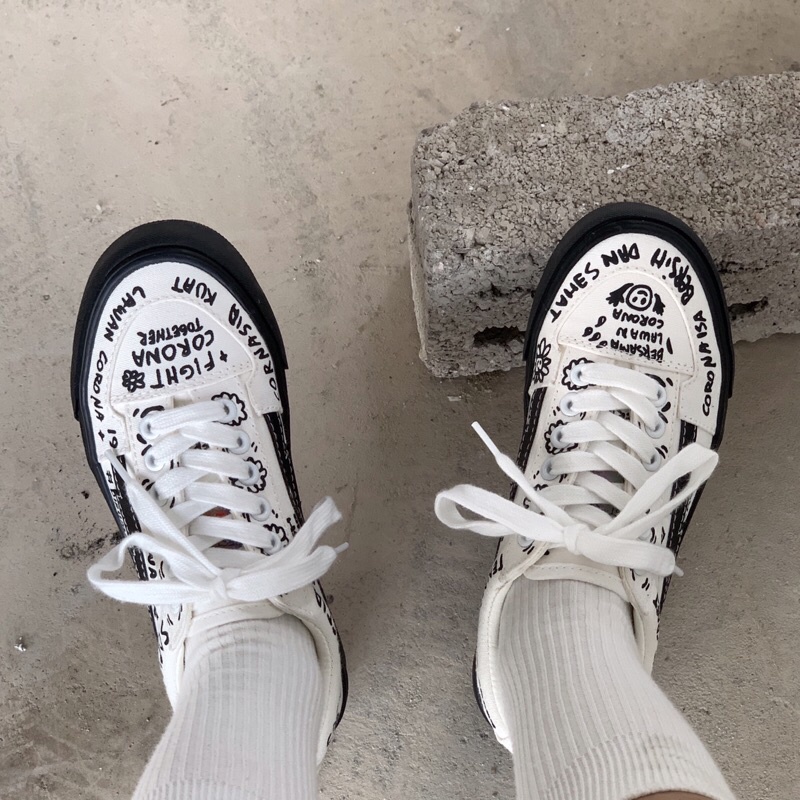 Giày thể thao vải canvas hoạ tiết phong cách Hàn Quốc năng động cho nữ