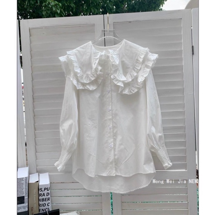 Áo sơ mi cổ bèo tiểu thư tay phồng mầu trắng, babydoll ulzzang mềm nội y xanh