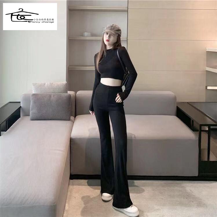 Set Áo Sơ Mi Màu Đen Xám Phối Quần Dài Lưng Cao Ống Loe Thời Trang Cao Cấp