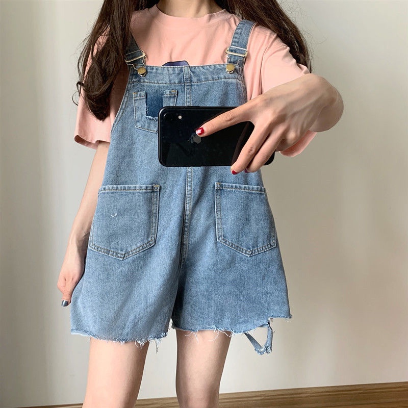 Quần yếm jean IELGY dáng ngắn ống rộng phong cách Hàn Quốc cổ điển dành cho nữ