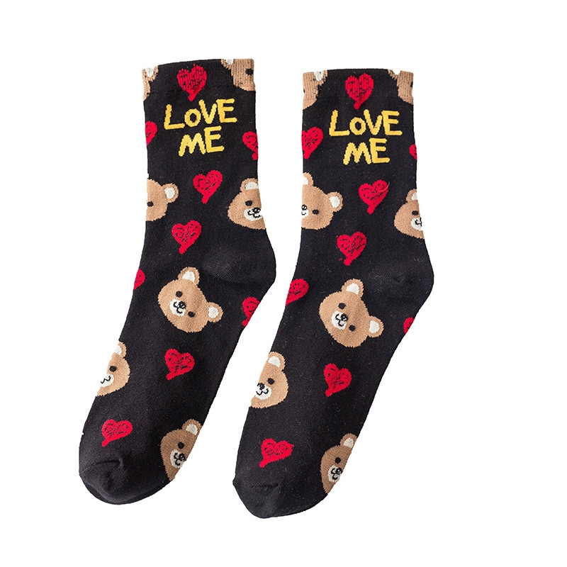 Cute Cartoon Bear Print Girls Socks New Fashion Kawaii Animal Colorful Mid-calf Length Women Socks Cotton Alphabet Love Soxes