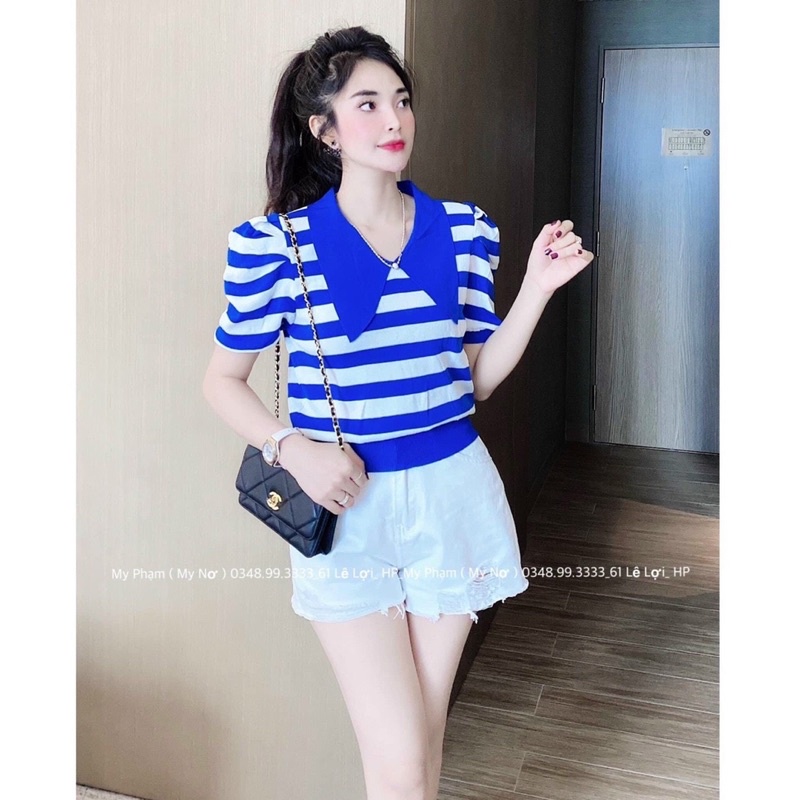 áo len kẻ tay bồng phối cổ nhọn cá tính