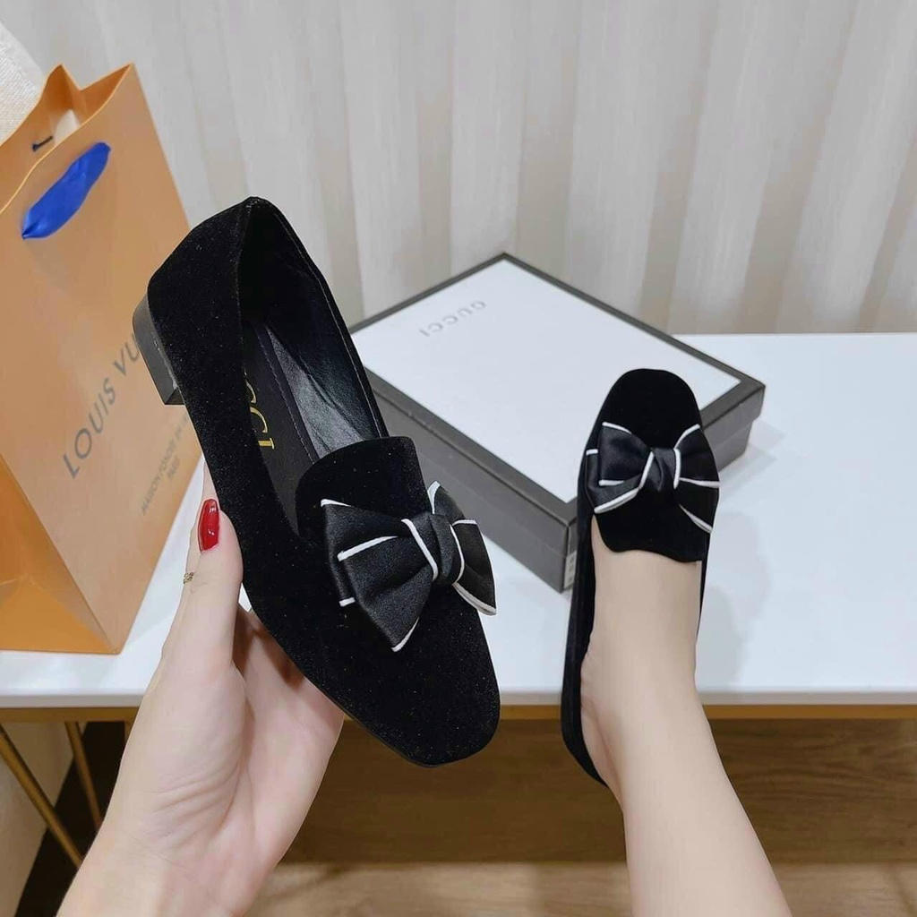 Giày búp bê nữ mũi vuông DA NHUNG QUAI LÁCH gắn nơ vải chất đẹp đế bệt sang chảnh