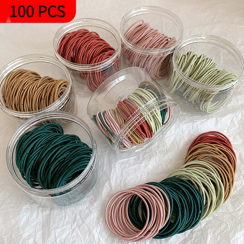 Bộ 100 dây buộc tóc đàn hồi phong cách Hàn Quốc độc đáo