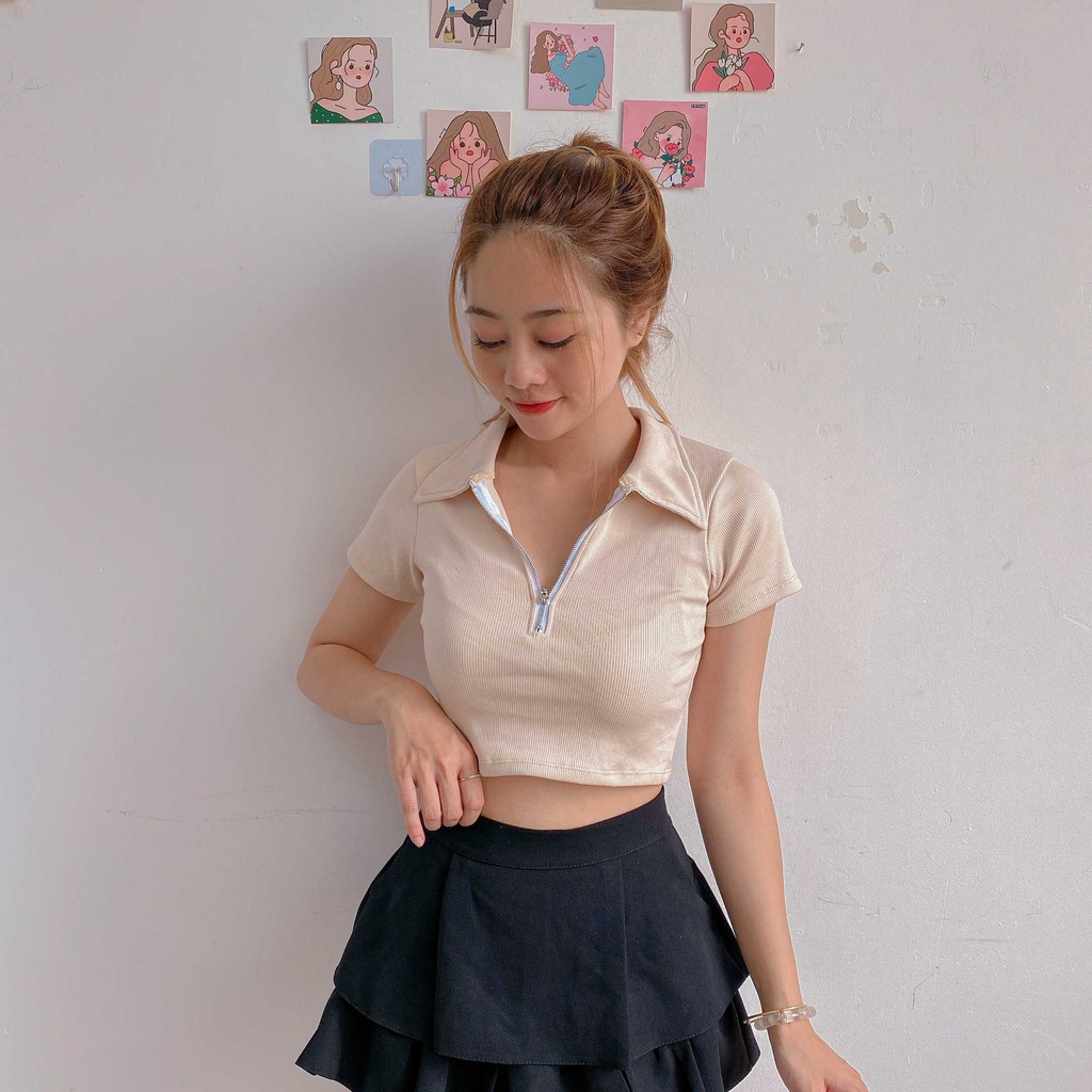 [Mã WASKT410K giảm 10K đơn 50K] Áo tay ngắn cổ bẻ dây kéo ngực ulzzang thời trang nữ Fmstyle Saigon 20TU11T372309 | BigBuy360 - bigbuy360.vn