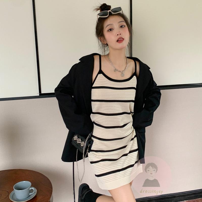 Đầm Hai Dây Họa Tiết Kẻ Sọc Màu Sắc Tương Phản Thời Trang Mùa Hè Dành Cho Nữ