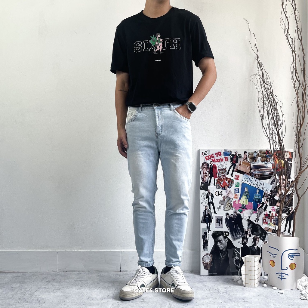 Quần Jean Nam slimfit YY, quần bò dài dáng ôm co giãn trơn Xanh mài sáng Light washed - GATE6 - 9013