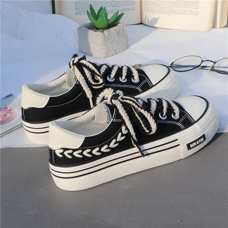 Giày Thể Thao Vải canvas Đế Dày Thời Trang Phong Cách Hong Kong Cho Nữ Màu Trắng Đen