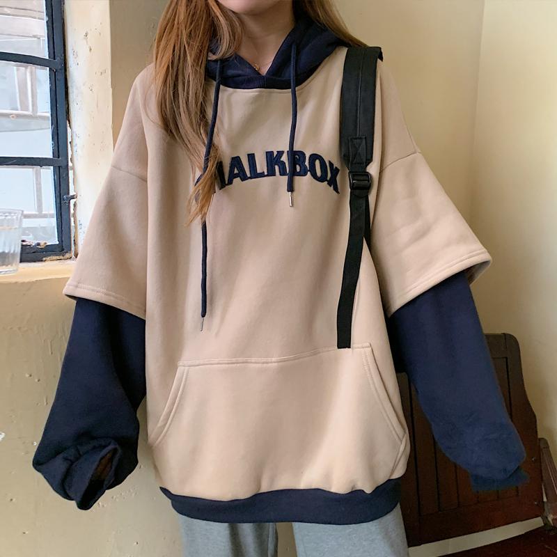 Áo Hoodie Giả Hai Lớp Tay Dài Dáng Rộng Thời Trang Thu Đông Hàn Quốc Cho Nữ