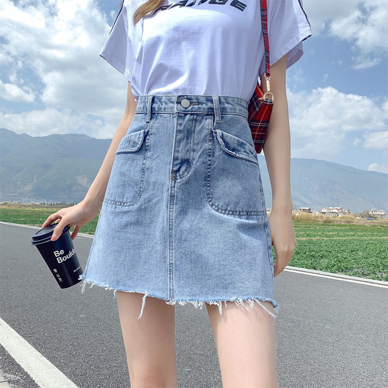 Chân váy jean cap cao tua gấu kèm quần trong _V32