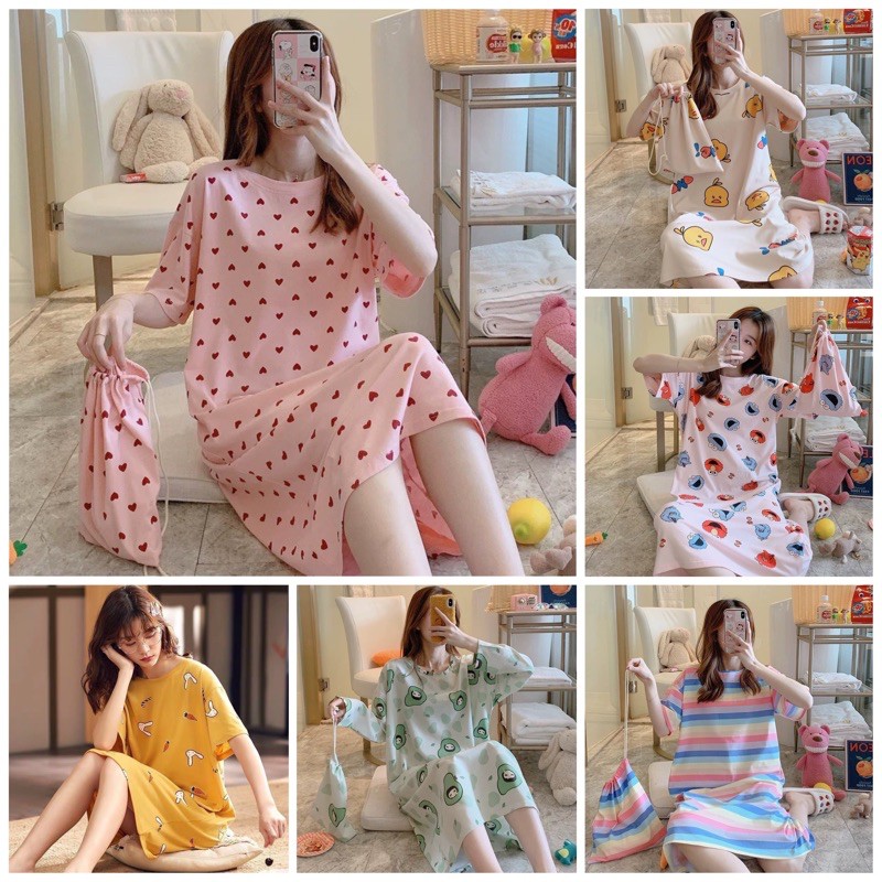 Váy ngủ thun mỏng ngắn tay hoạt hình dễ thương nhiều màu | BigBuy360 - bigbuy360.vn