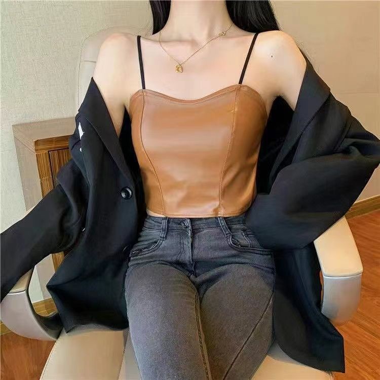 Áo Lót Da Hai Dây Dáng Ngắn Ôm Sát Có Miếng Lót Ngực Cho Nữ