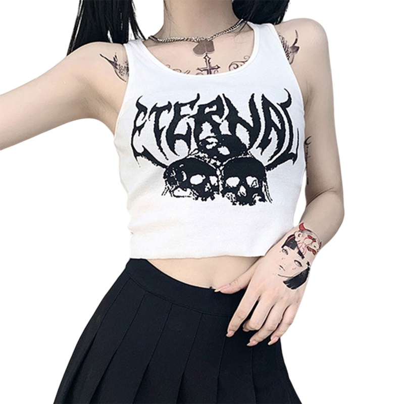Áo Croptop Sát Nách Dáng Ôm In Họa Tiết Đầu Lâu Phong Cách Gothic Thời Trang Cho Nữ