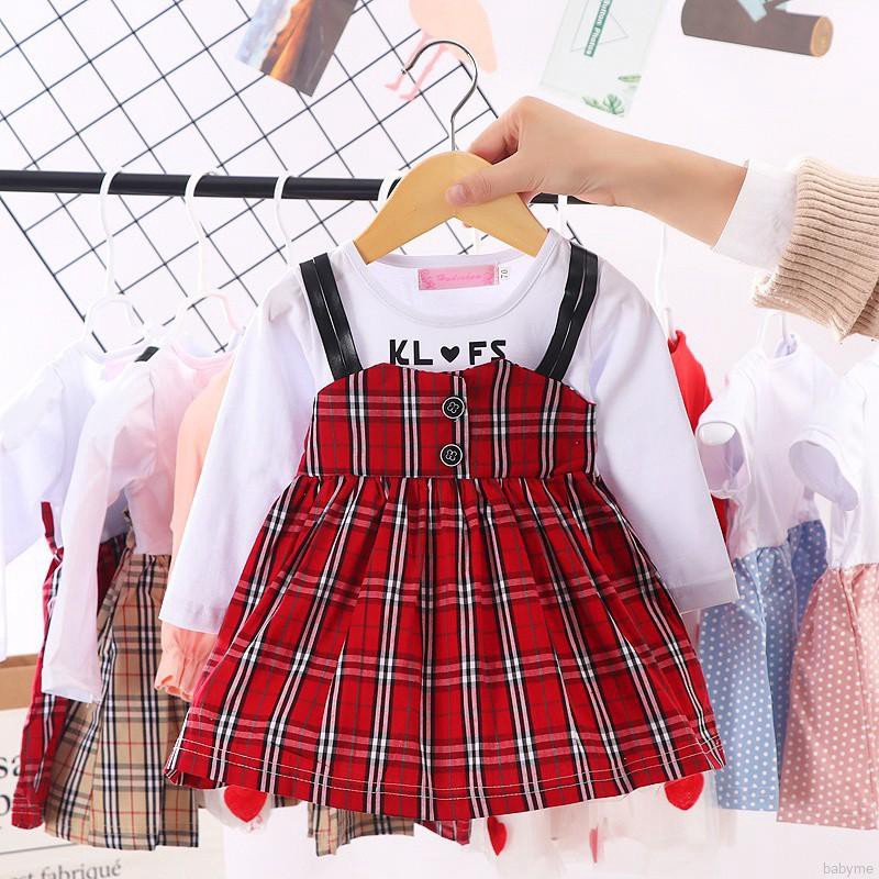 Babyme Children Girls Plaid Print Fake Two Piece Bottoming Long Sleeved Sweet Princess Dress