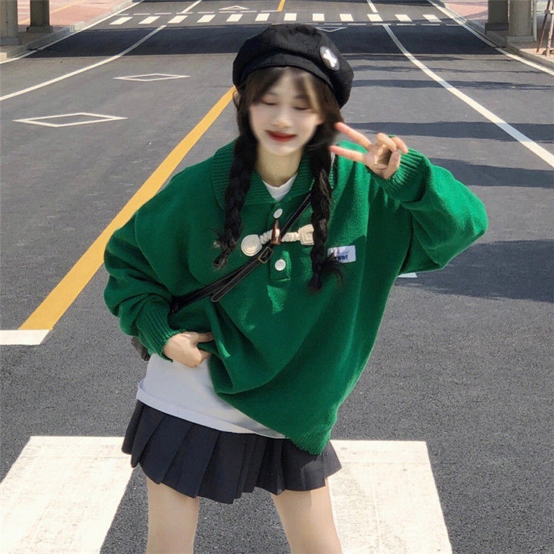 Áo Sweater Cổ Polo Dáng Rộng Màu Xanh Lá Phong Cách Hàn Quốc Thời Trang Thu Đông Cho Nữ