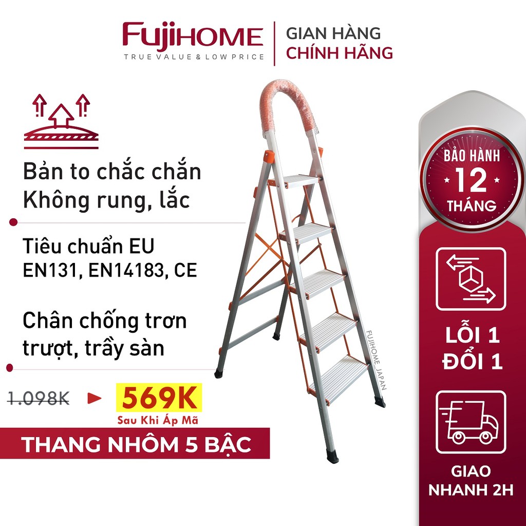 Thang ghế nhôm tay vịn chữ A bản to 3 - 4 - 5 bậc từ 1,2M - 1,65M xếp gọn FUJIHOME, Thang chữ A gia đình đa năng rút gọn