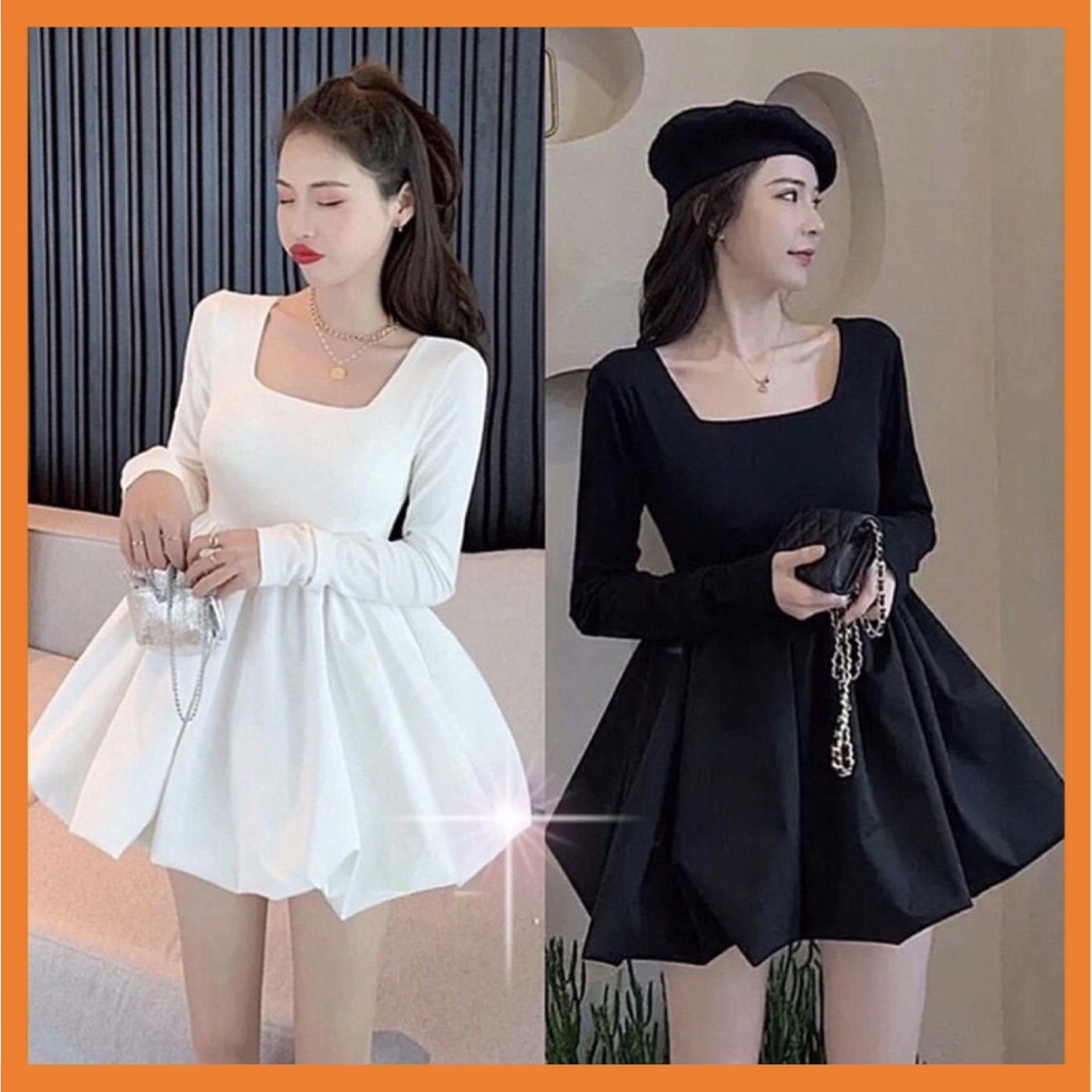 ♥️Đầm,Váy Thun Cổ Vuông Dáng Phồng(ảnh thật)2 Màu SizeS,M,L