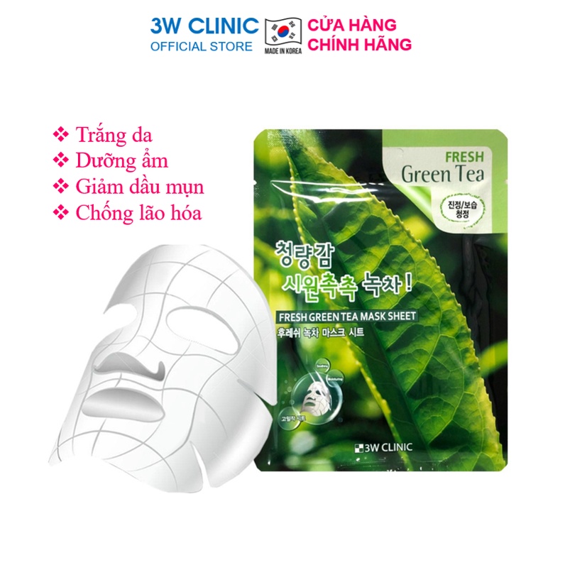 [Lẻ Miếng] Mặt nạ giấy trà xanh dưỡng trắng da dưỡng ẩm giảm dầu mụn chiết xuất Trà Xanh 3W Clinic Hàn Quốc 23ml