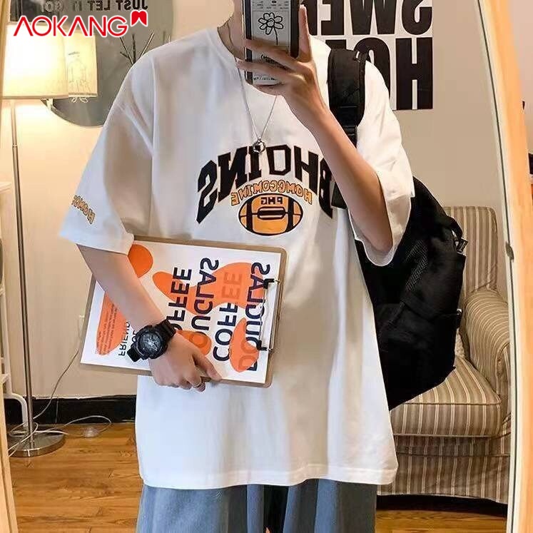 Áo thun Aokang tay lửng dáng rộng in hình phong cách hip hop đường phố Mỹ cho nam tùy chọn màu sắc