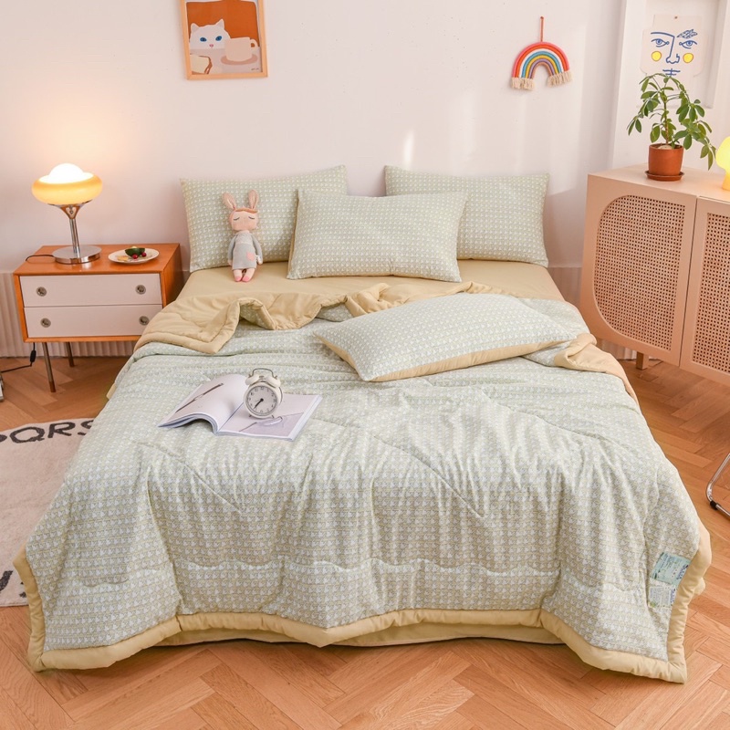 Set Cotton Hoạt Tính Chăn Hè Hoạ Tiết Basic, Chất Đũi Hoạt Tính Mềm Mát_Shinbedding