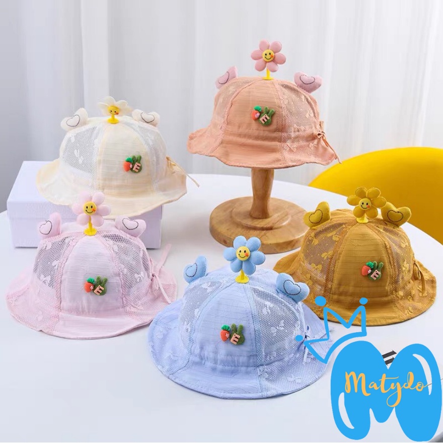 Mũ cho bé gái bé trai nón vành tròn hình hoa cotton lưới có dây rút điều chỉnh phụ kiện cho bé từ 0-2 tuổi
