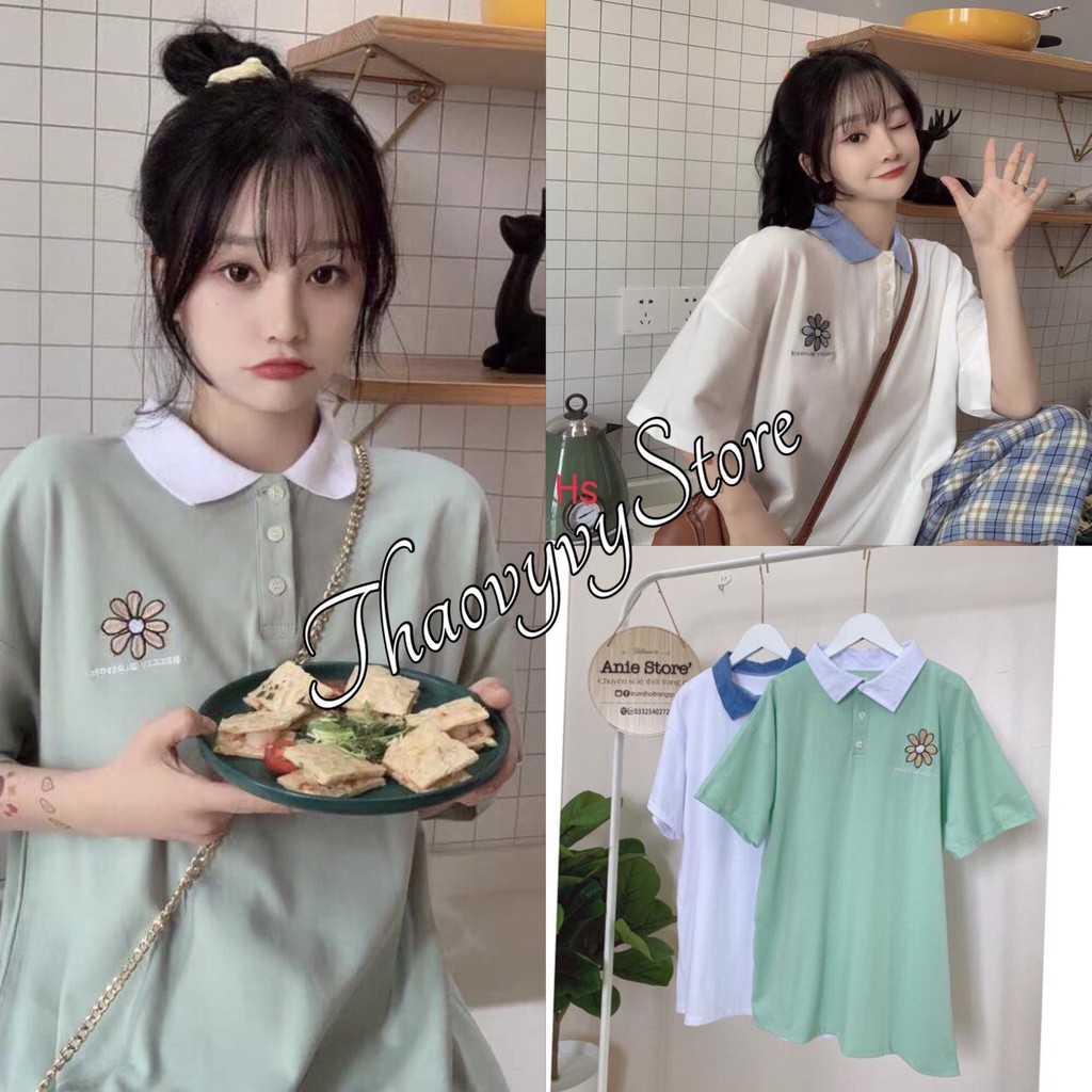 Áo Phông Polo Nữ Thêu Hoa Cúc,🌼 Thaovystore<FREESHIP> 🌼, Áo Thun Cotton Cổ Bẻ Cúc Cài,Phông Dáng Rộng 2 Màu TRẮNG XANH