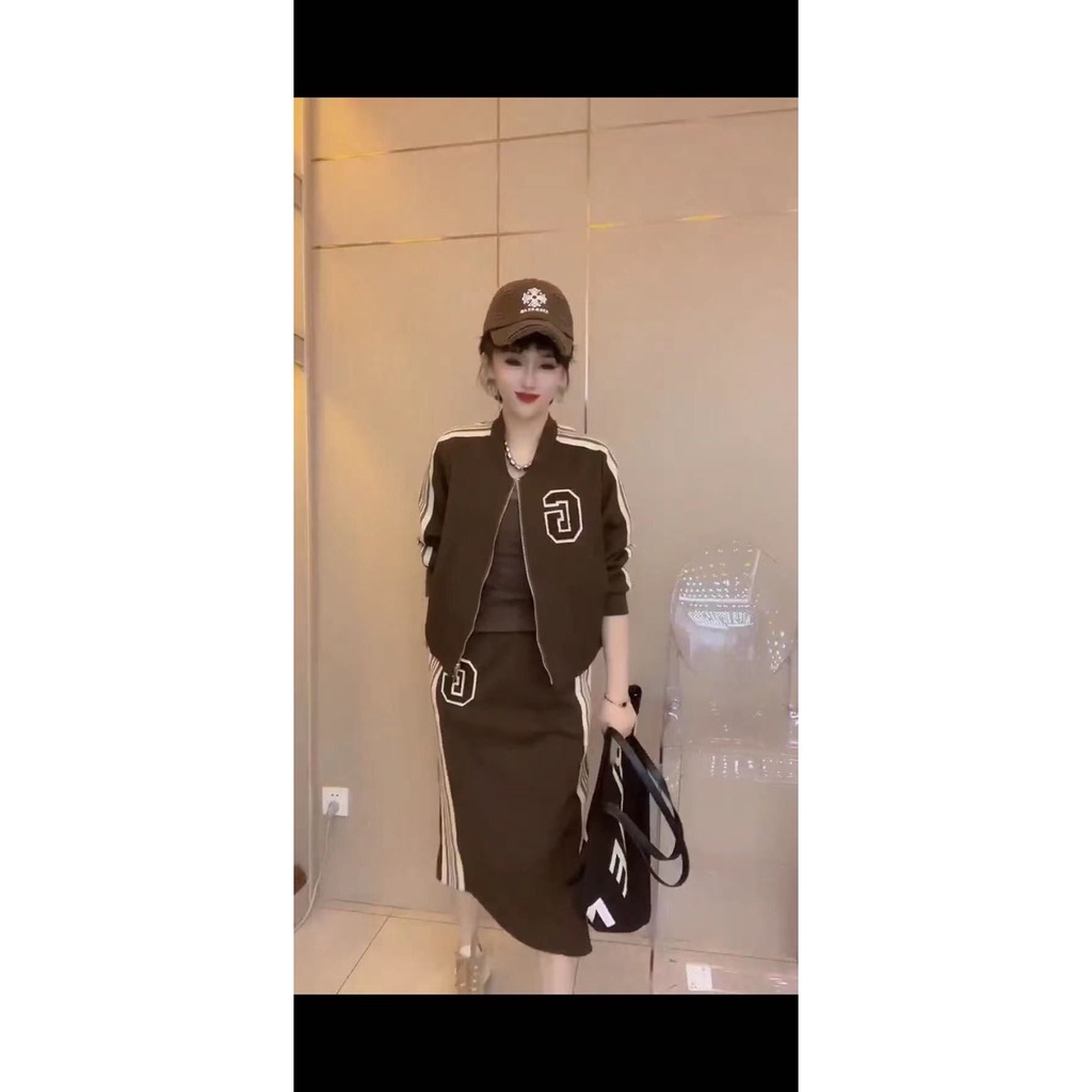 Set Áo Khoác Cardigan Phối Chân Váy Họa Tiết Kẻ Sọc In Chữ Thời Trang Mùa Thu 2022