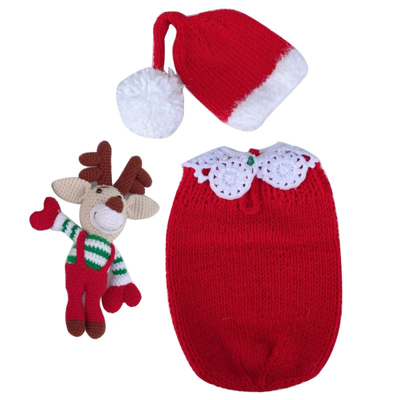 Bộ Trang Phục 3 Món Gồm Mũ + Búp Bê Hươu + Áo liền quần Dệt Kim Dùng Chụp Ảnh Cho Bé Sơ Sinh