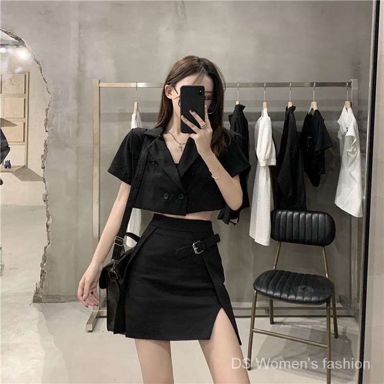 New Arrivals2021Summer  Black Suit Jacket+Dress  Korean-Style Short  Slit Skirt Suit