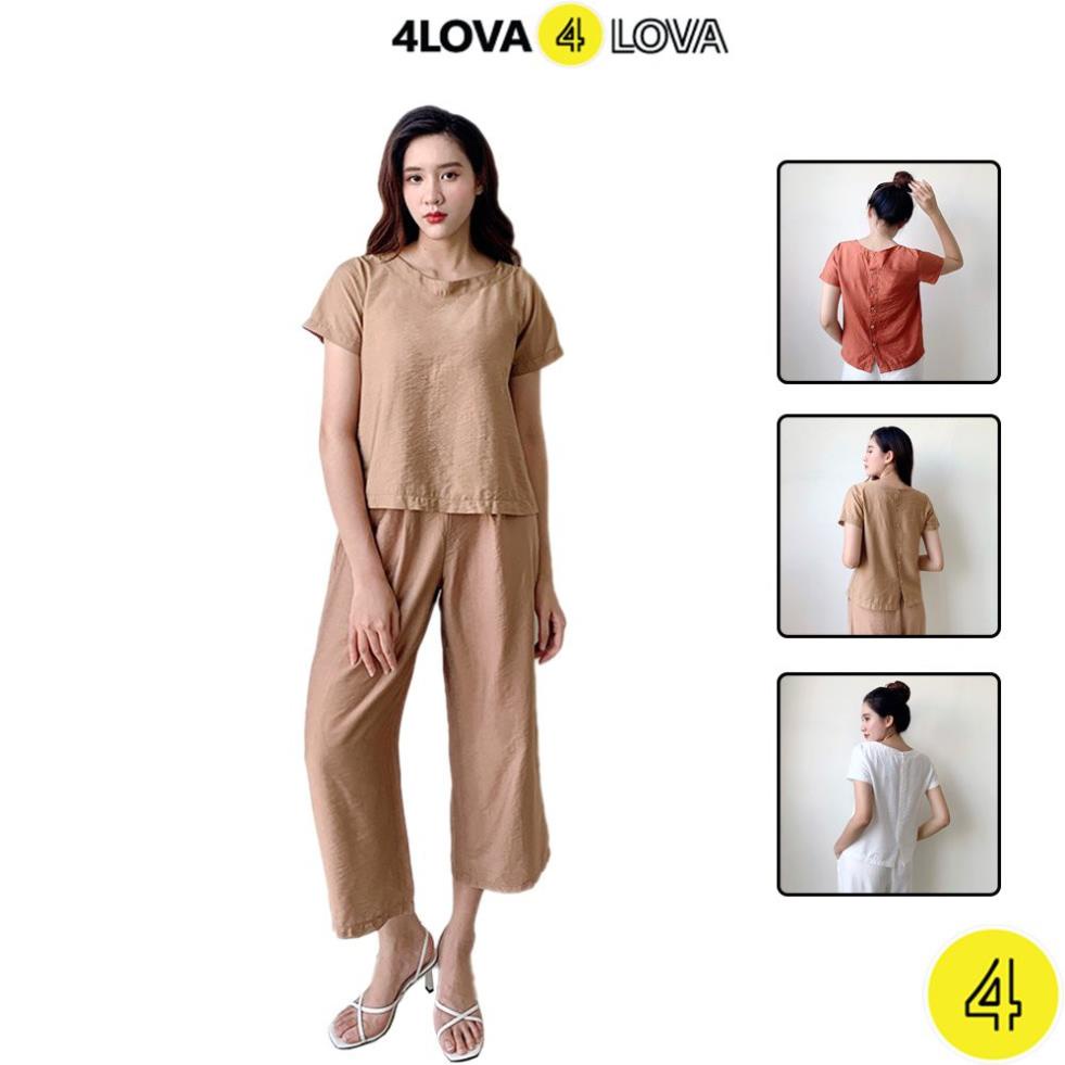 Bộ quần áo nữ 4LOVA quần culotes ống suông rộng phối áo cộc tay cúc sau chất đũi lụa cao cấp Xịn
