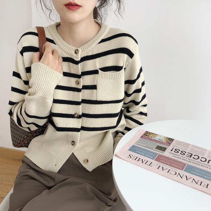 Áo Khoác Cardigan Dệt Kim Dày Dặn Kẻ Sọc Kiểu Hàn Quốc Xinh Xắn Cho Nữ