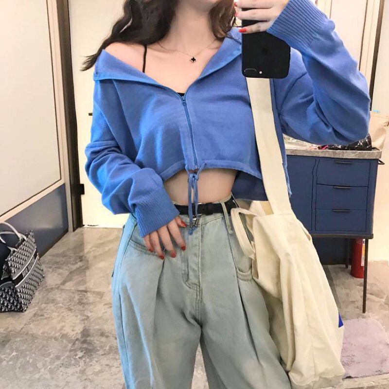 Áo len nữ dài tay khoá mũ dáng ngắn suông rút dây phong cách HQ