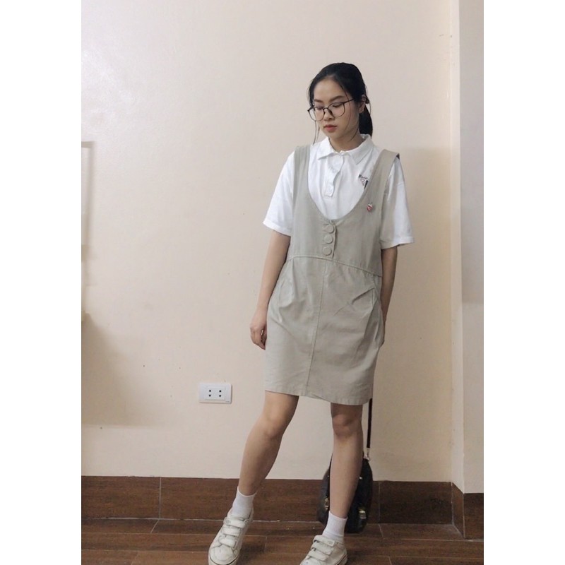 Váy gile ngắn có cúc màu nâu sáng Secondhand phong cách Vintage Girl